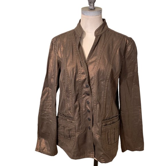 Coldwater Creek Women Jacket Brown Metallic Button Up Jacket Size 10 - Picture 1 of 13